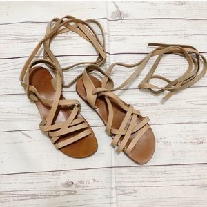 tan leather wrap around strappy gladiator sandals